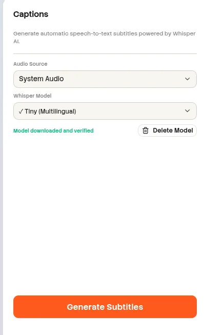 Beam AI Captions panel with audio source and Whisper model controls