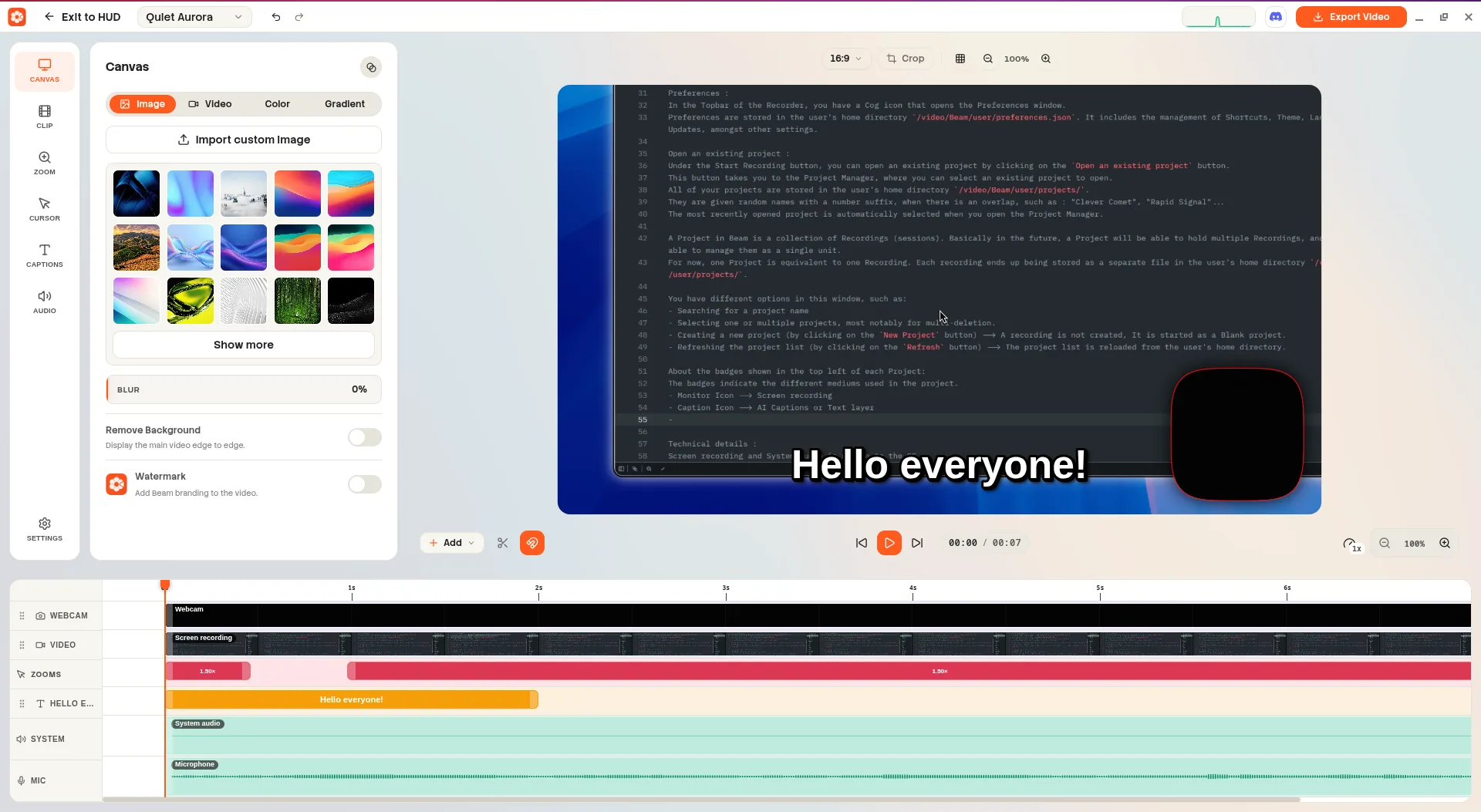 Complete Beam Video Editor interface