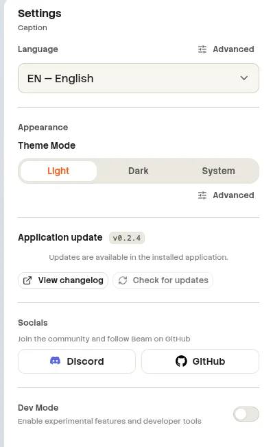 Beam Settings panel with language and appearance controls