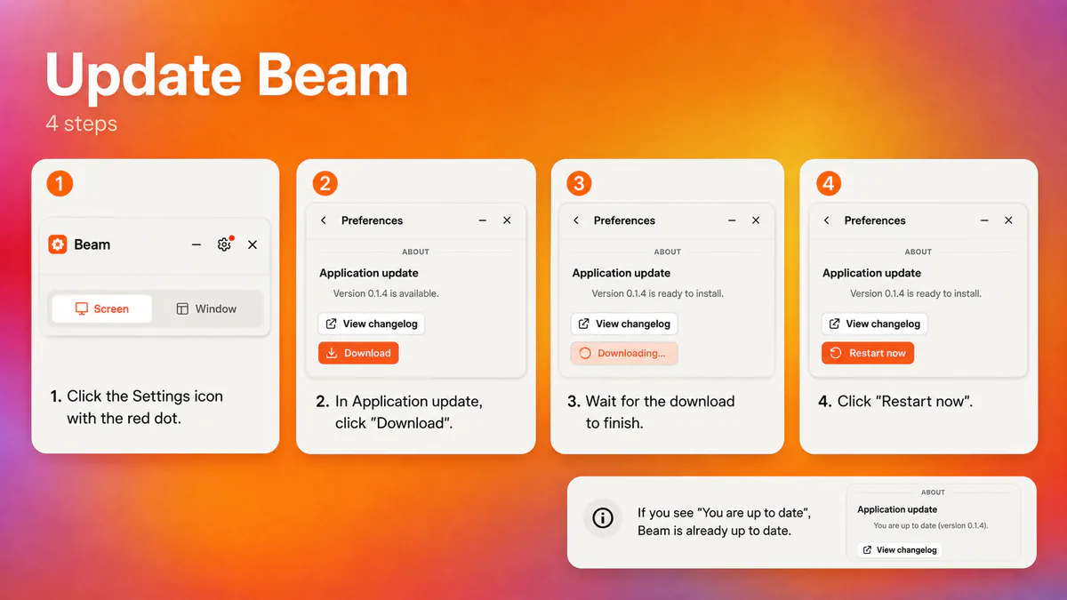 Beam settings showing the update controls