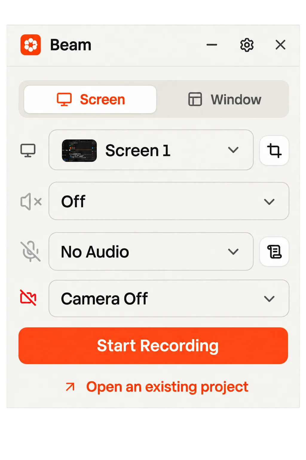 Beam Recorder HUD with source, audio, camera, teleprompter, and recording controls
