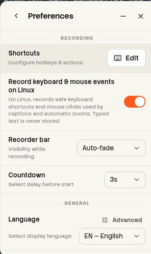 Beam Preferences window showing Recorder settings