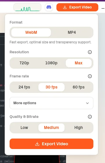 Beam export panel with format, resolution, frame rate, quality, and audio controls